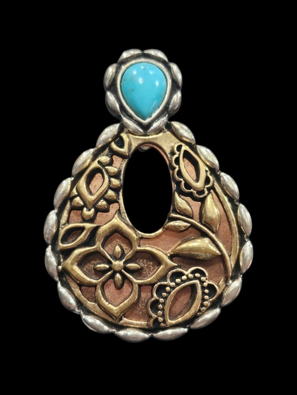 Vintage Carolyn Pollack Copper, Brass, Sterling Silver & Turquoise Pendant